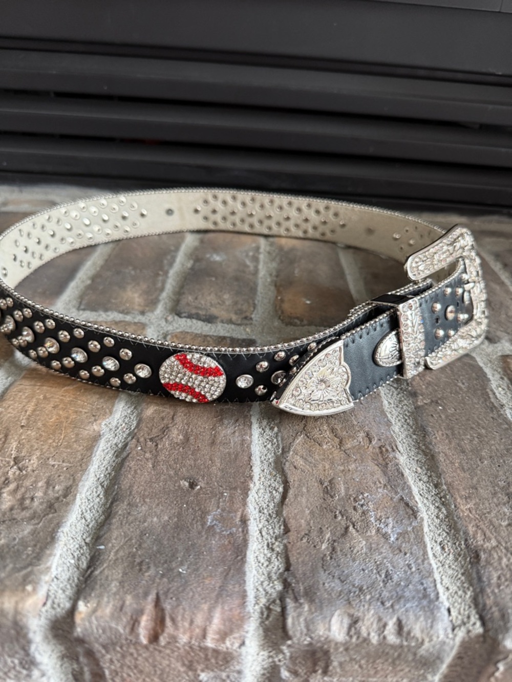 Black Rhinestone Studded Western Belt with Red & White Accent
